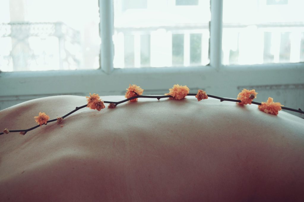 orange petaled flowers on person s back