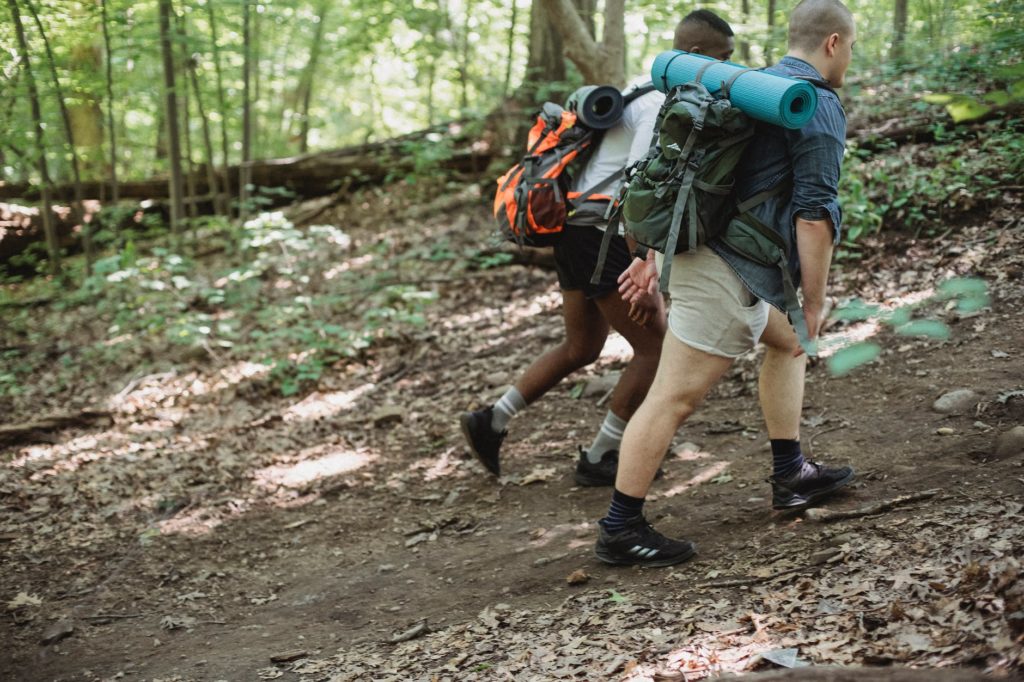 traveling diverse males walking in forest