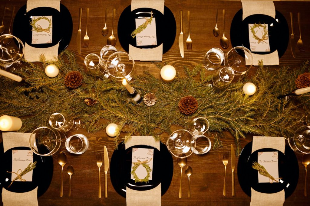 top view of an elegant table set up for christmas